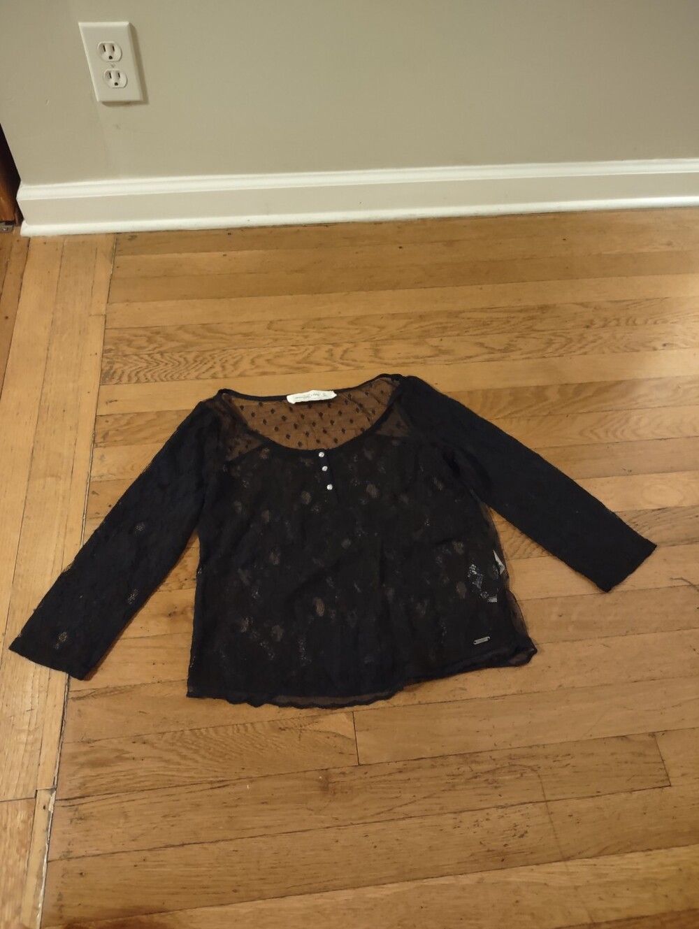 abercrombie & fitch black sheer lace top dot mesh long sleeve button blouse XS